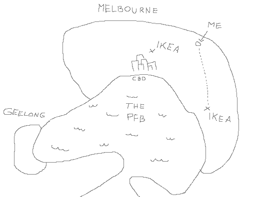 A crudely drawn map of Melbourne, Australia.